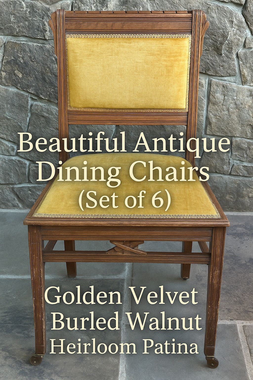 Set of 6 Beautiful Antique Walnut Dining Chairs w/ Casters & Velvet