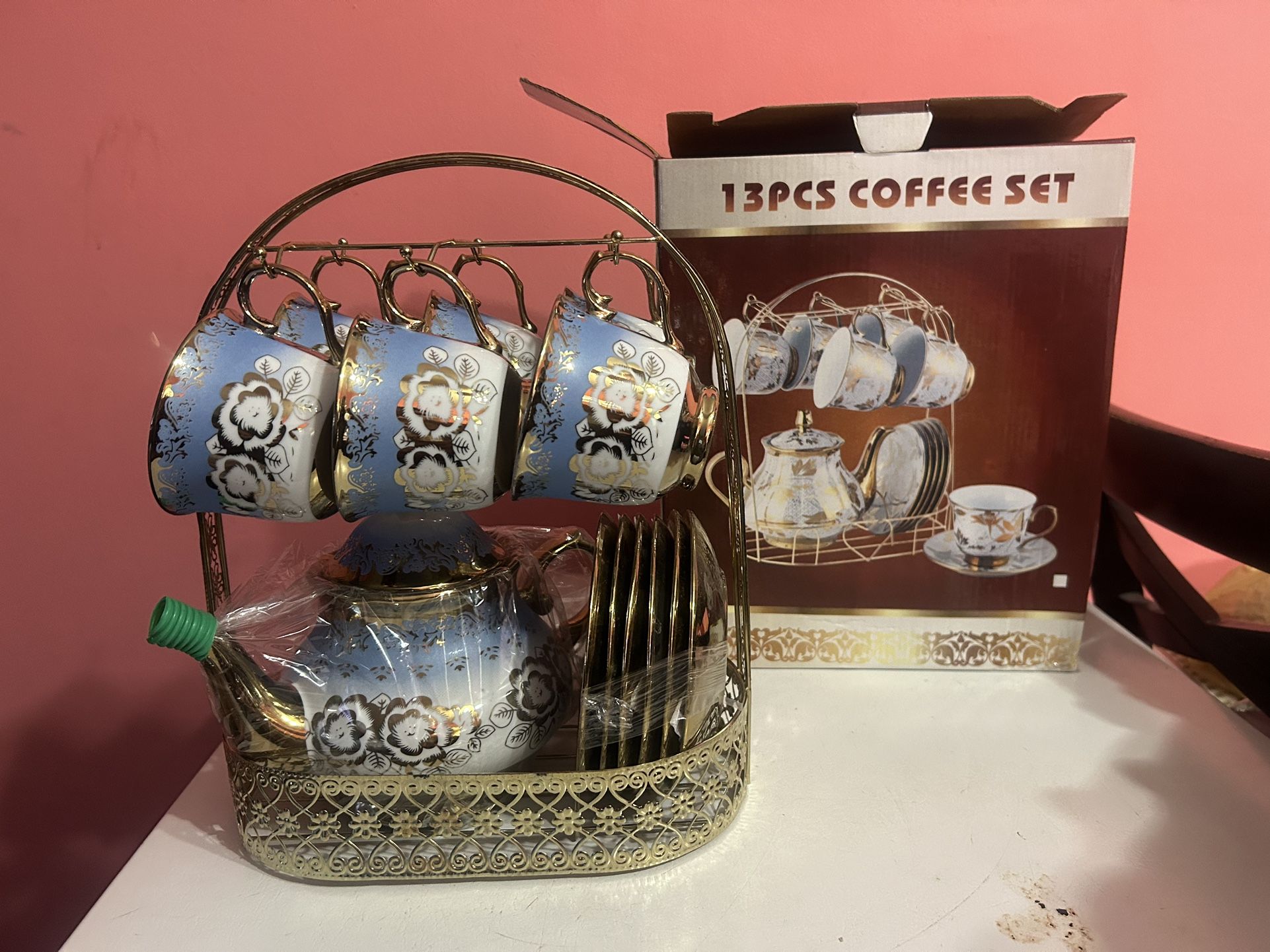 European-Style Big Ceramic Blue Tea Set