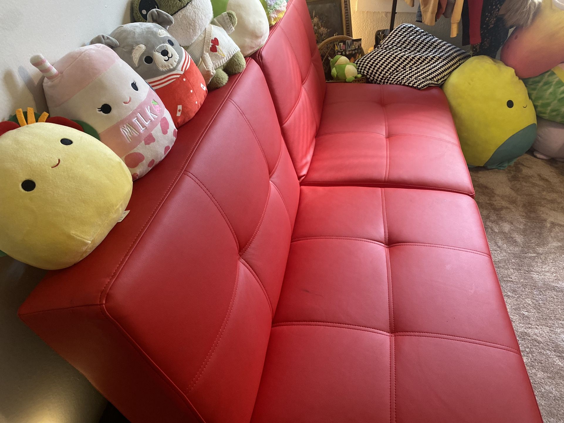 Bright Red Artificial Leather Futon