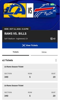 2x LA Rams vs Bills NFL Tickets