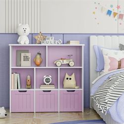 5 kids Storage Cube Organizer, Open Toy Display Bookshelf with Drawers, Pinkish Purple Finish