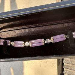Vintage sterling silver Asian Purple Jade Bracelet Jewelry in black velvet Box 