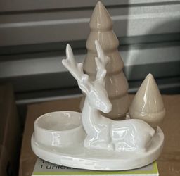 Ceramic Tea Light Deer and Tree Holiday Decor Tray