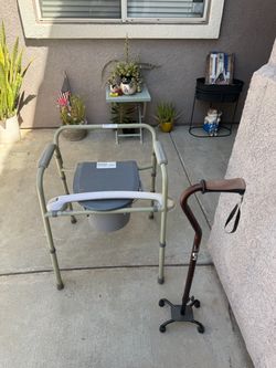 Handicap walking cane and portable toilet