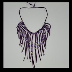 Vintage Long Purple Leather Heart-Shaped Beaded Fringe Necklace