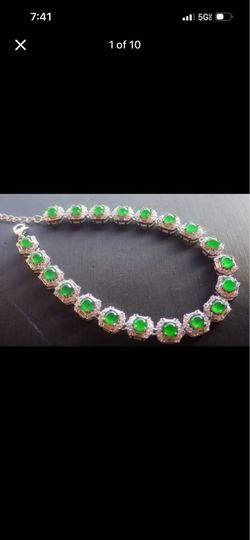Elegant Certificate Jadeite Jade Sterling silver 925 Grade A transcalent Icy Green Cabochon Bracelet bangle 7 inches