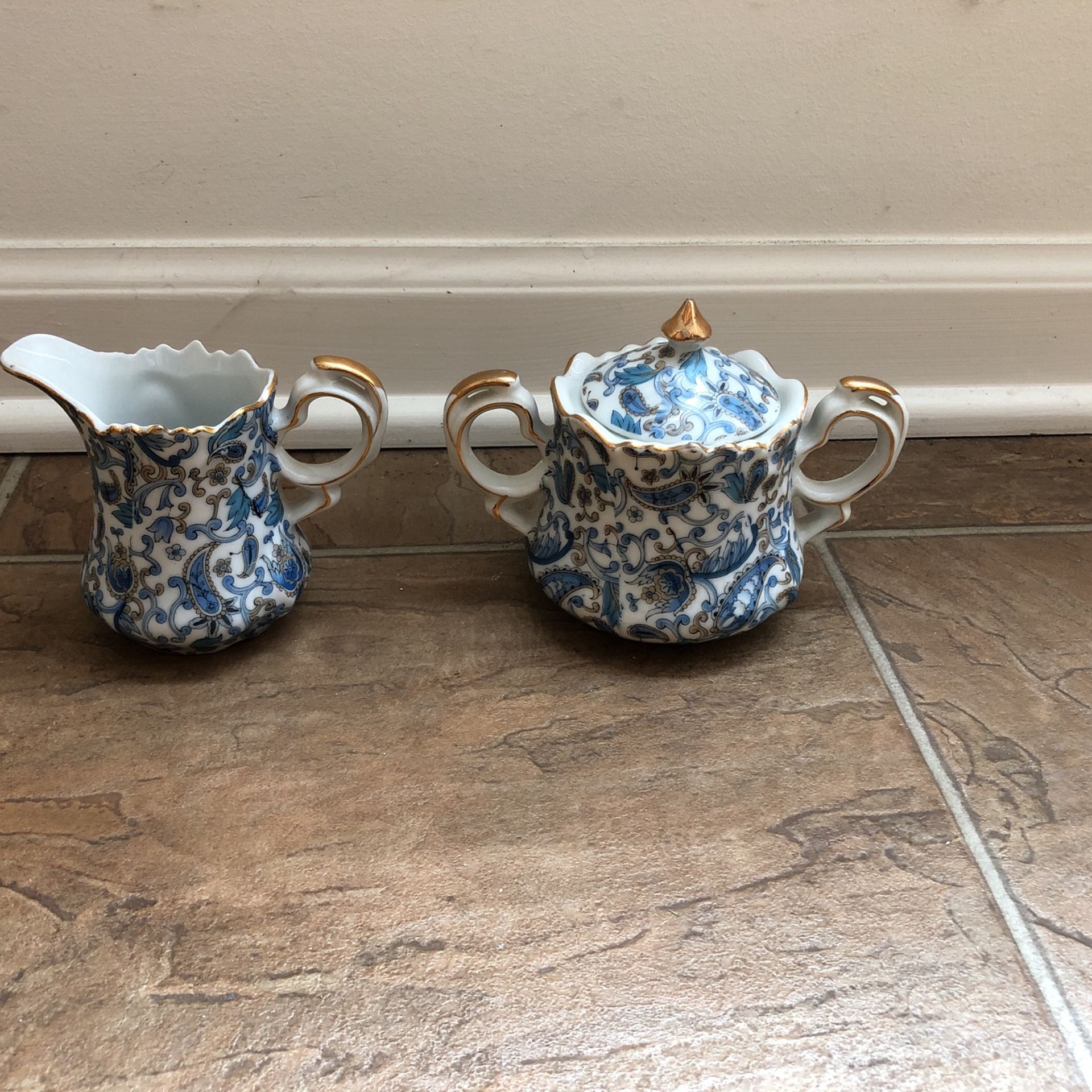 Lefton china hand painted blue paisley sugar and cream set