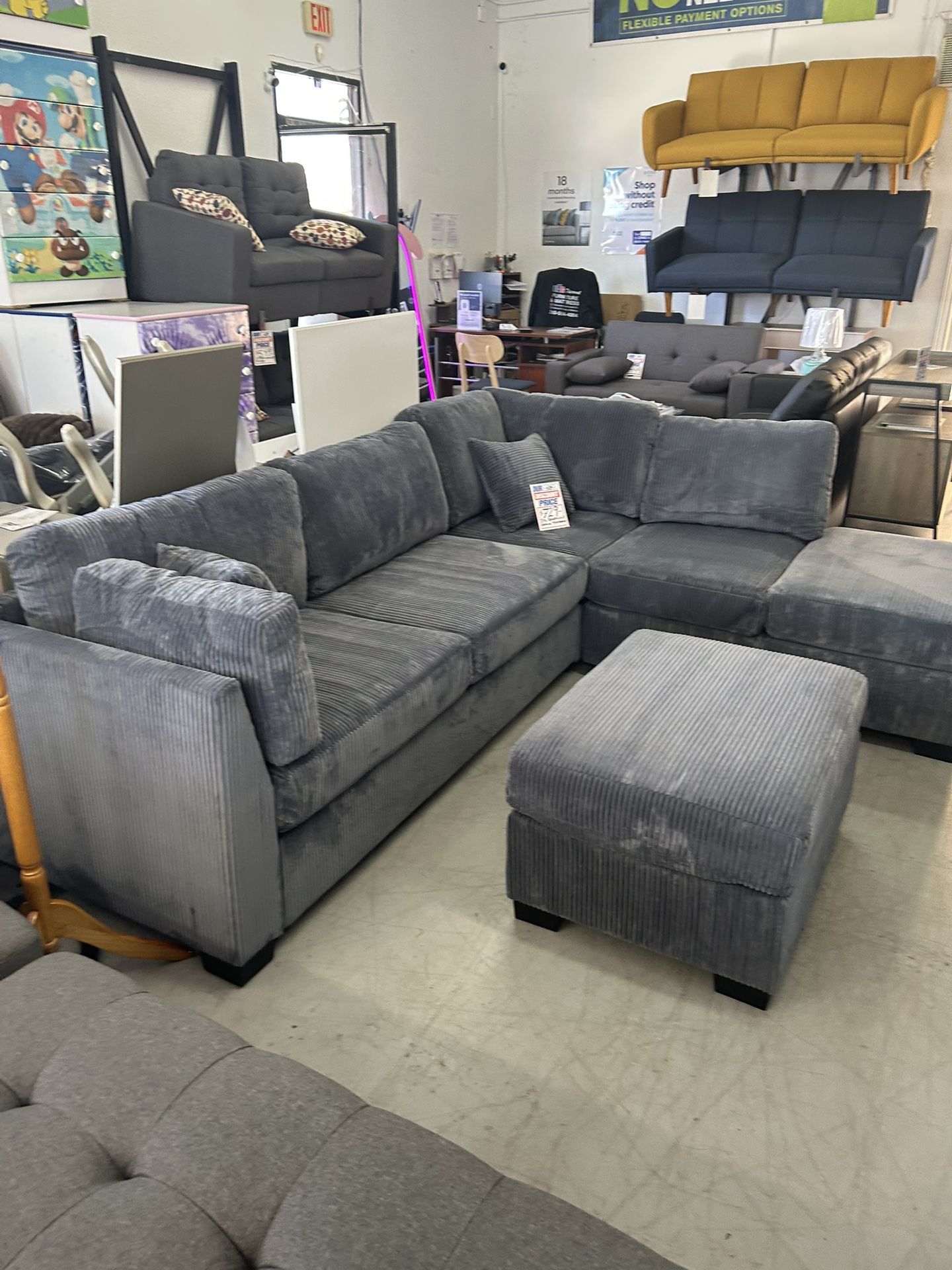 Reversible Sectional Sofa With Ottoman In Corduroy