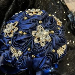New Navy Blue Satin Rose Broach Sequin Butterfly Bouquet Wedding Quinceanera 