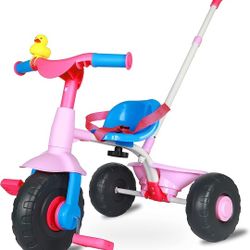 KRIDDO 2 in 1 Kids Tricycles Age 18 Month to 3 Years, Gift Trikes for Toddlers 2 to 3 Year Old with Push Handle and Duck Bell, Pinky

