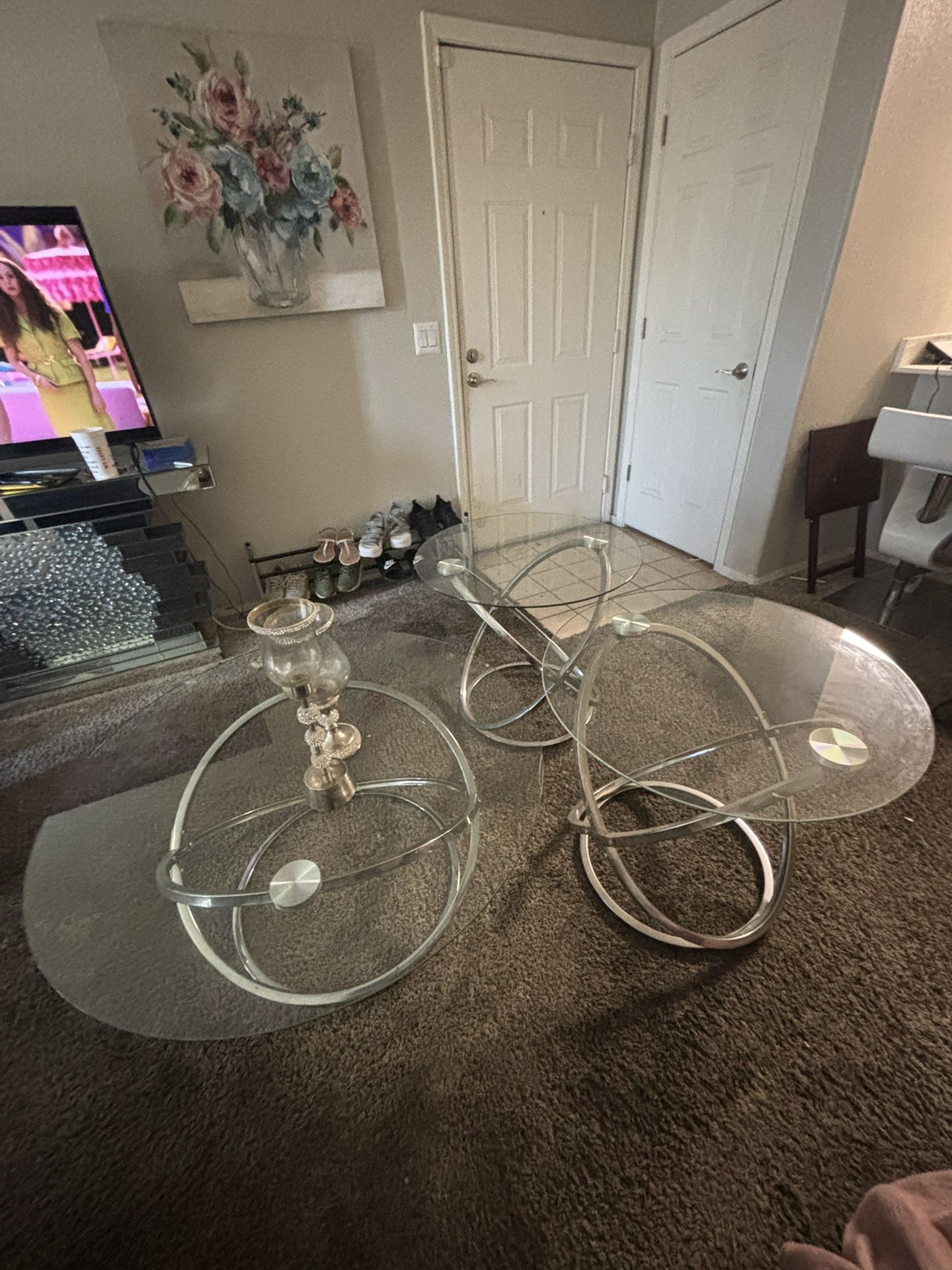 Modern Glass Coffee Table & End Table Set – Chrome Orb Base