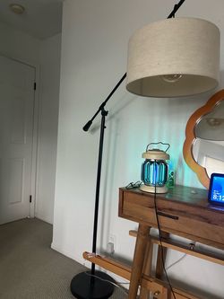 Black Boom Arm Floor Lamp with Linen Shade