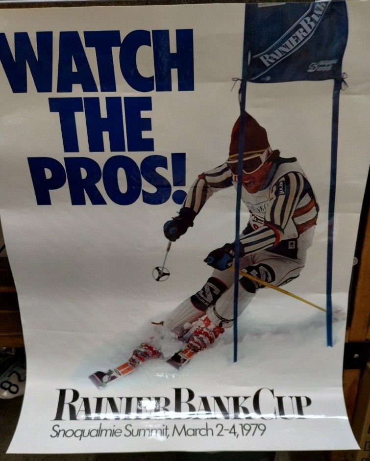 Vintage 1979 Rainier Bank Cup skiing poster, "Watch The Pros!", Snoqualmie Summit