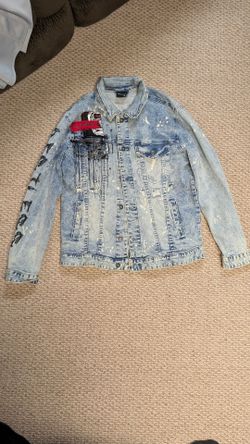 Distressed Denim Jacket with Graphic Patches