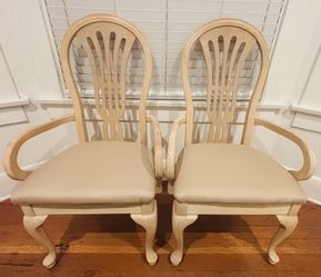 2 Upholstered Seat Arm Chairs Pair Solid Wood Cream Beige Color Dining Living Room Bedroom Kitchen Hallway Entry Bed Entryway Antique Shield Back