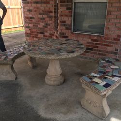 Patio Furniture:  Concrete Tile Inlay  Round Table With Curved Benches, Prayer Concrete Bench And Concrete Statue Table  Make Offer Separate Or Group