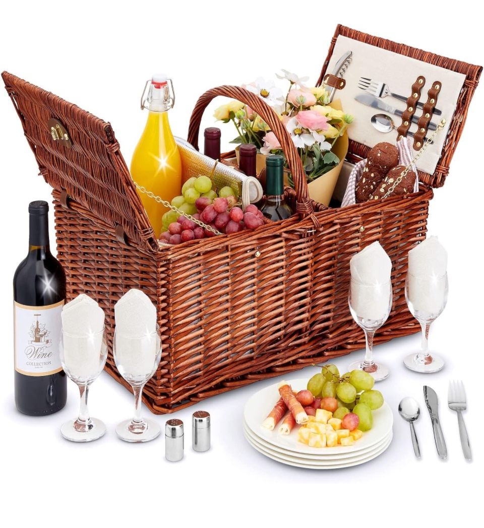 Juvale Wicker Picnic Basket for 4 with Utensils, Glasses, and Insulated Cooler Bag - Luxury Camping, Picnic Essentials, Picnic Kit