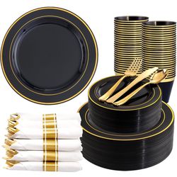 Partyware 350 Pieces Black and Gold Plastic Plates with Disposable Silverware, Include 50 Dinner Plates 9”, 50 Dessert Plates 6.3”, 50 Gold Rim Black 