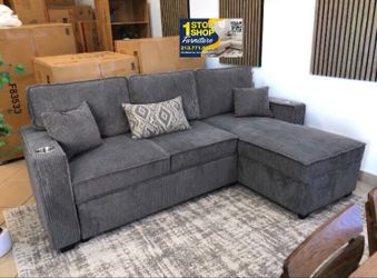 2-pc sectional sofa with pull-out bed & storage dark gray corduroy
