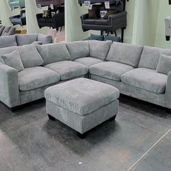 ✅️✅️ 4 pc fog grey cordury fabric upholstered sectional sofa with ottoman✅️