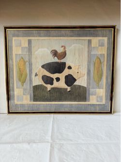 Metal Framed Picture “Barnyard Pig” From American Folk Artist Mary Peckingham