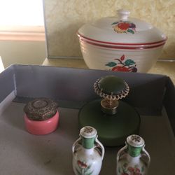 Antique Green Glass Perfume Container, Orange Glass Makeup Container And Antique Japanese Salt Pepper 