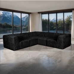 Seccrional L Shape Compressed Foam Black Faux Fur, New Especial Price 