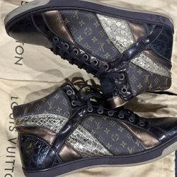 Louis Vuitton Brown Monogram Canvas and Crocodile Punchy High Top Sneakers Size 38.5