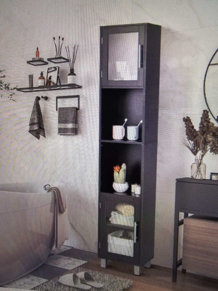 Brand New Bathroom tall storage cabinet glass doors, shelves