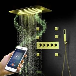 Brushed Gold Music LED Flushed in 23X 15inch shower head 4 way thermostatic valve that each function run all together and separately
