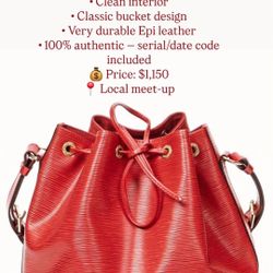 Selling my Authentic Louis Vuitton Epi Leather Noé Bag in Castillan Red.