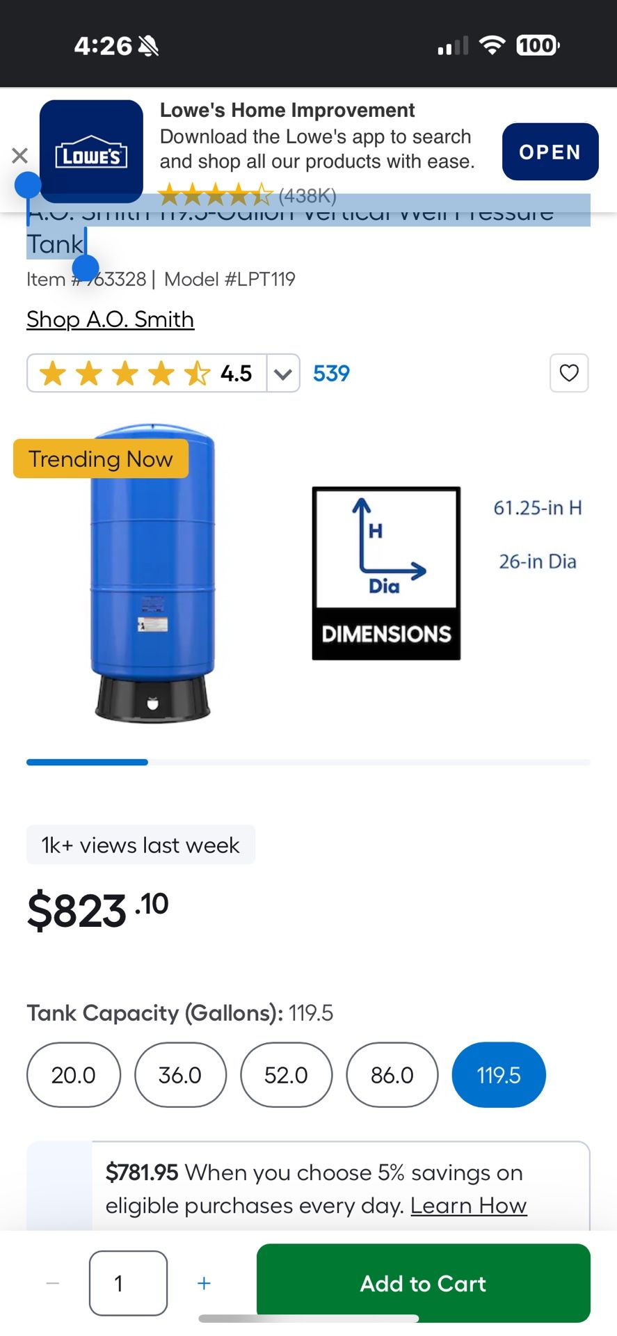 A.O. Smith 119.5-Gallon Vertical Well Pressure Tank
