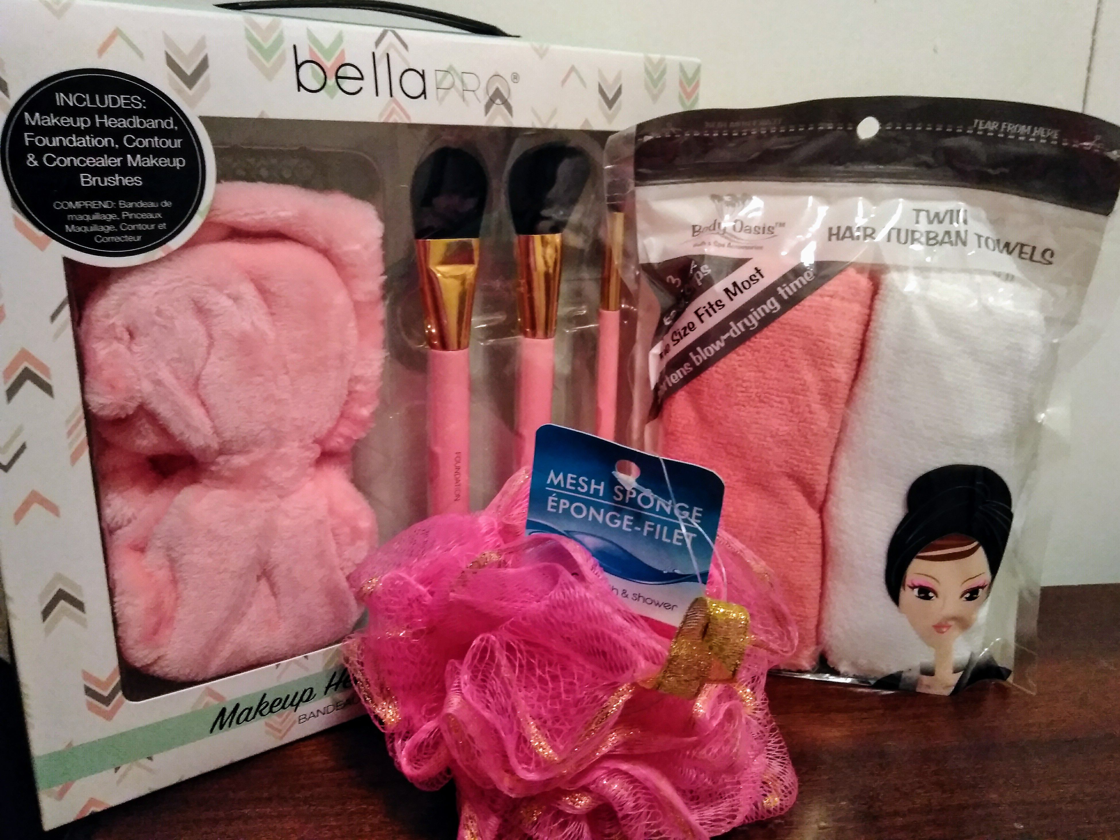 $14 OBO New never used Bella Pro Pink Makeup Brush & plush headband kit, 2 turban towels & a deluxe pink scrubber lot