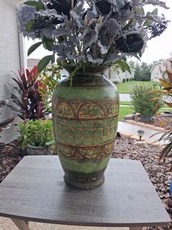Decorative vase,green n bronze,gray n black flowers