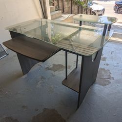 Gray Wood And Glass Office Desk With Desktop Shelf And Keyboard