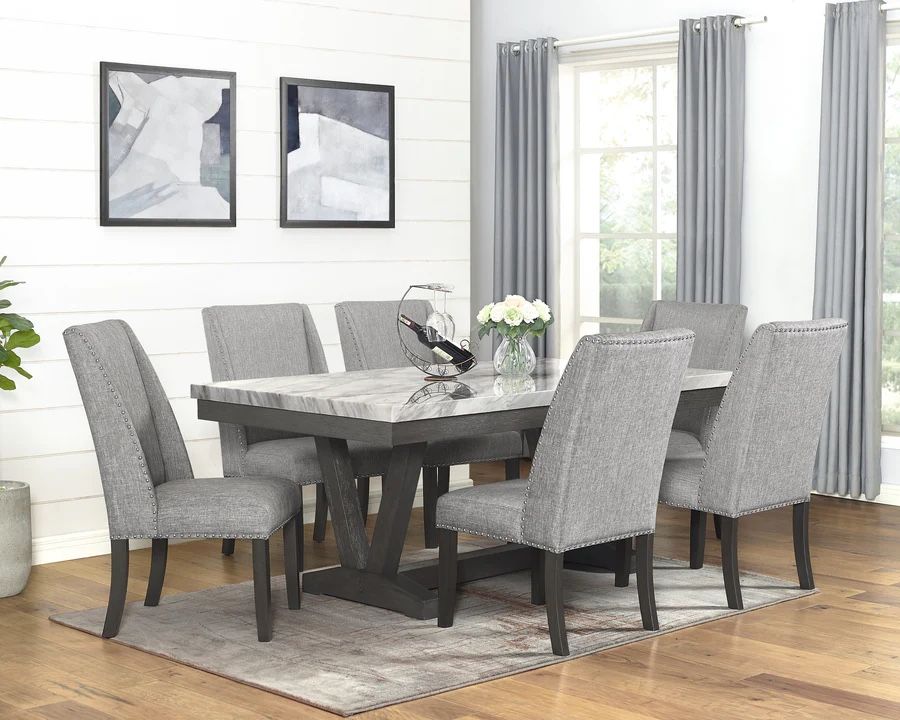 Marble Dining Table Set With 6 Grey Dining Chairs