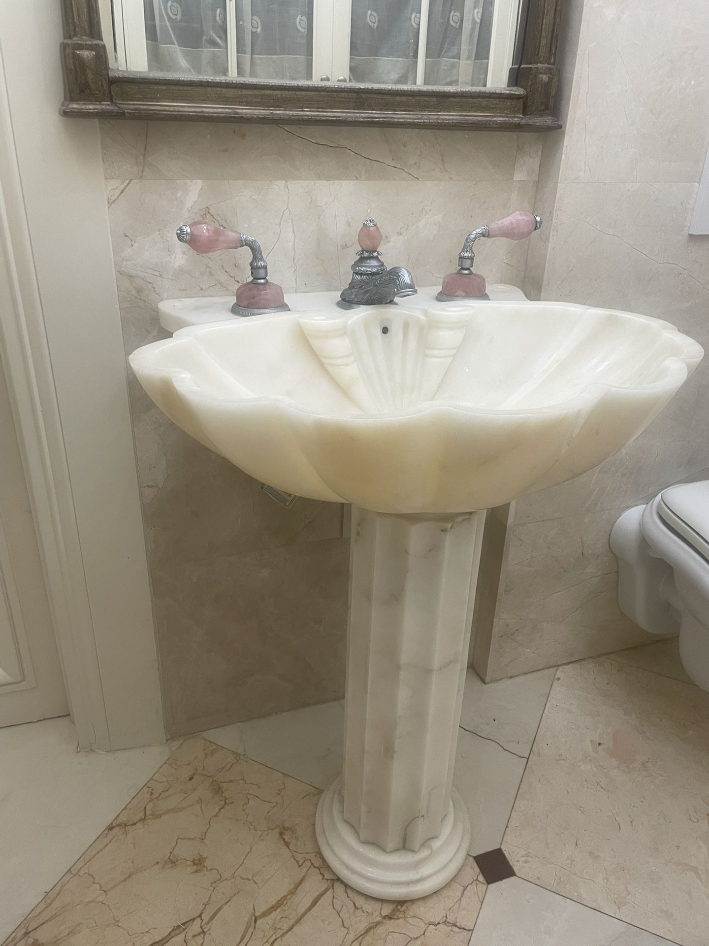 Vintage Carved Marble, Sherle Wagner Pedestal Sink — beautiful shell shaped appearance – NO FAUCET