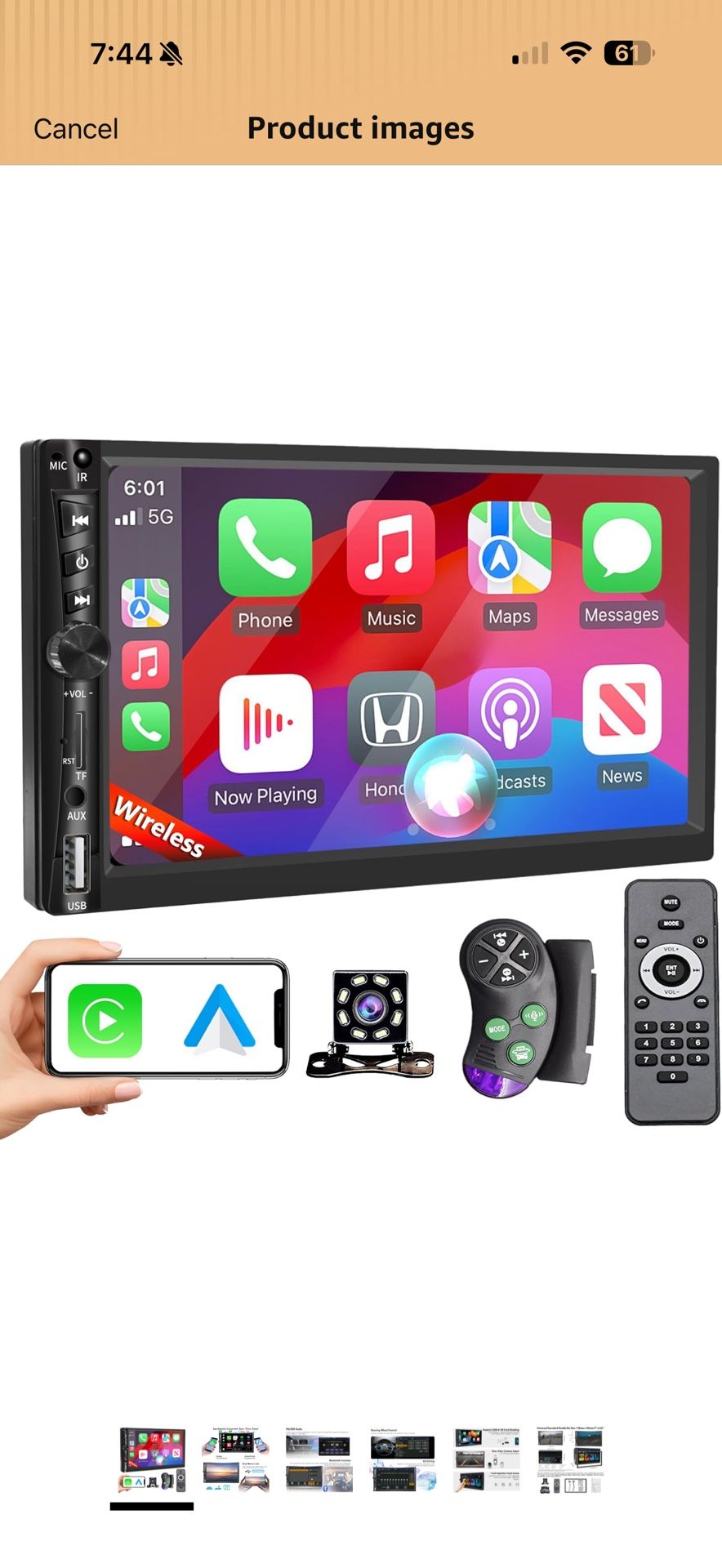 Wireless 7" Double Din Car Stereo with Apple CarPlay Android Auto 178 * 102mm,Touchscreen Car Play R