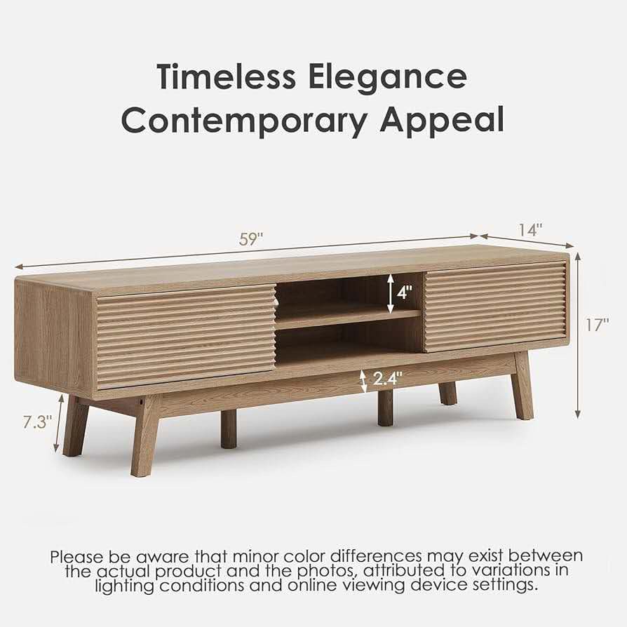 TOLEAD 59" TV Console, Mid Century Modern Media Console for 55/60/65 Inch TV, Low Profile TV Stand with Fluted Sliding Doors, Boho Light Wood Credenza