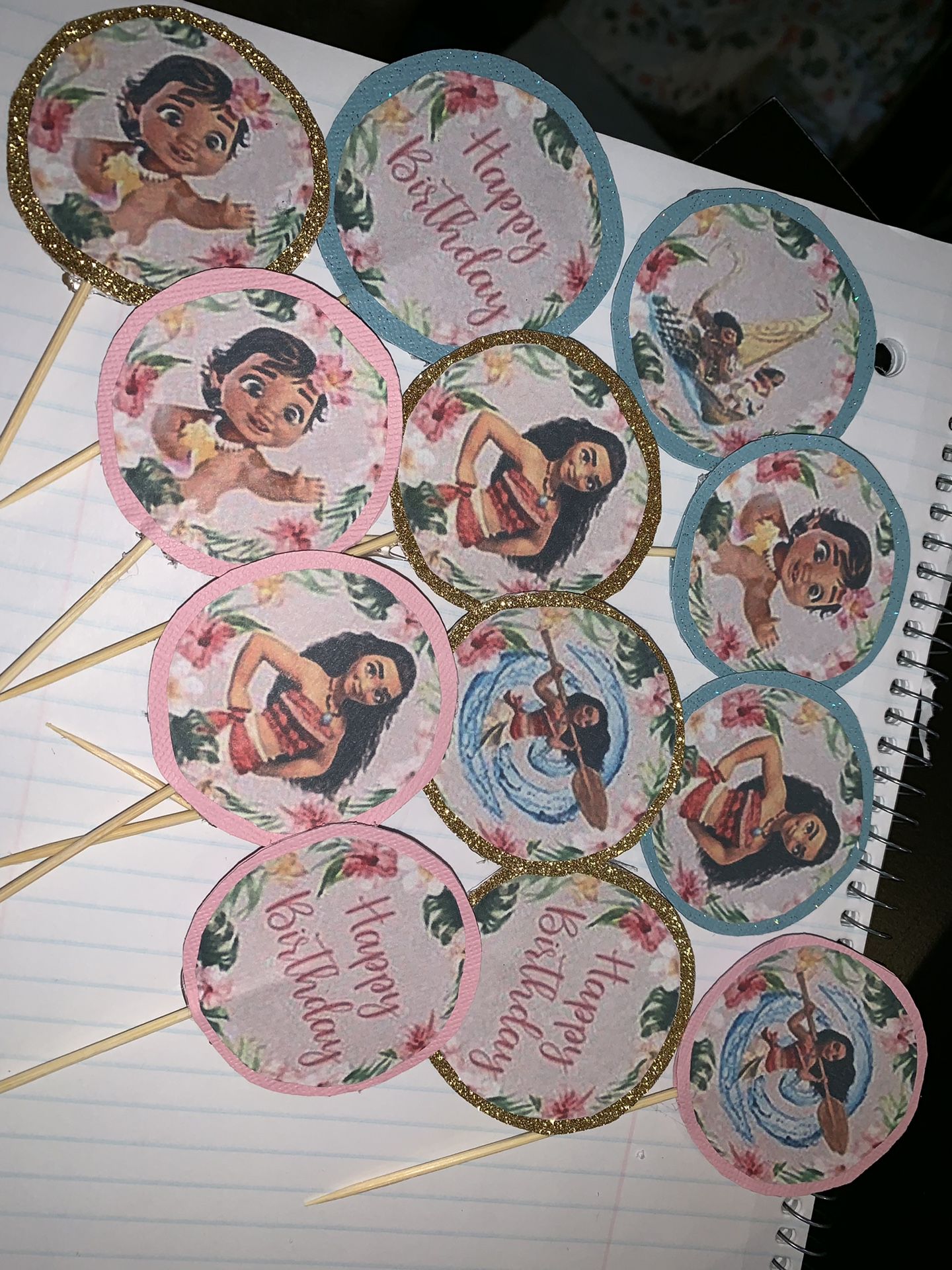 Moana cupcake toppers. Blue, pink, gold