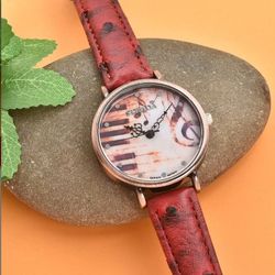 Strada Japanese Movement Piano Pattern Dial Watch in Red Ostrich Embossed Faux Leather Strap