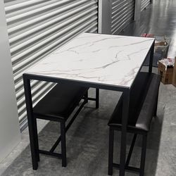 White marble dining table set w/ 2 benches