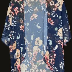 Brand New (Size 2XL) Navy Blue Floral Plus Size Casual Cover Up, Women's Plus Floral Print Bat Sleeve Cardigan