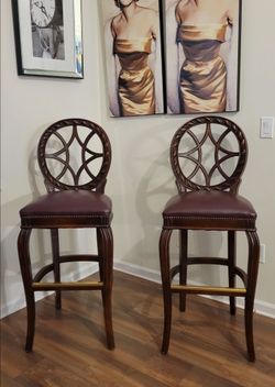 Pair of Carved Wood Bar Stools with Leather Seats