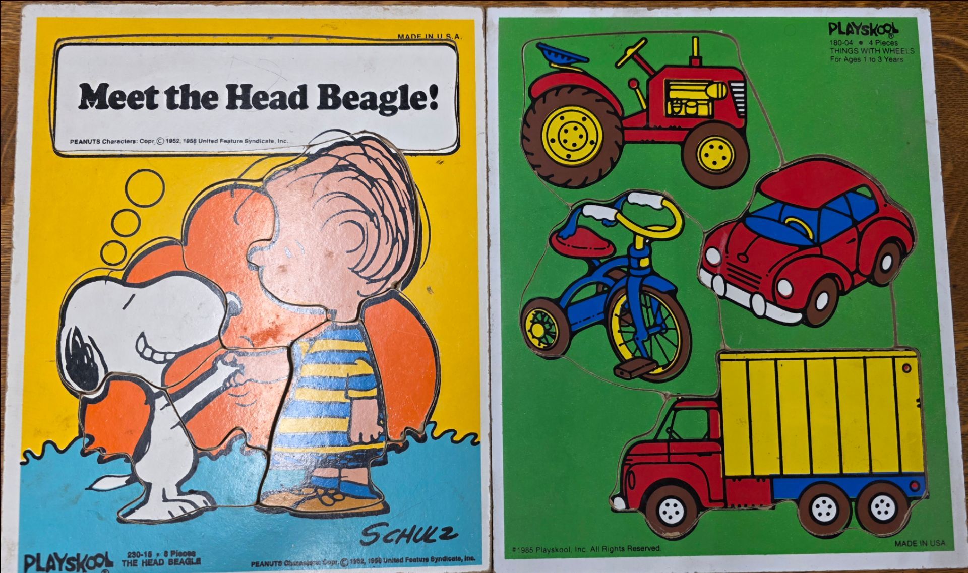 Vintage Wood Playskool Puzzles Peanuts 1958 Vehicle 4 pc 1985