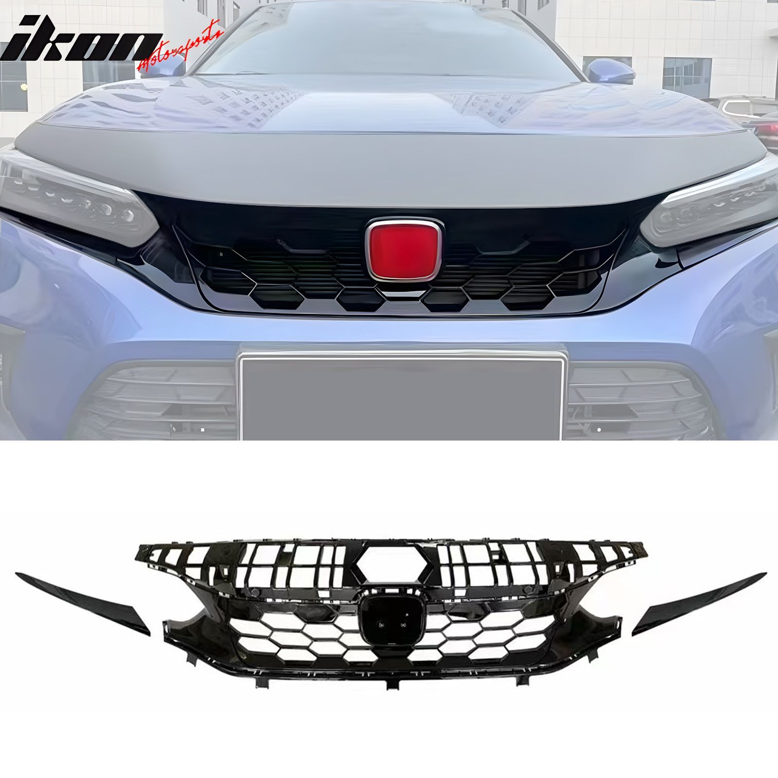 Fits 2022-2024 Honda Civic Hatchback & Si OE Style Front Upper Grille Gloss Black ABS