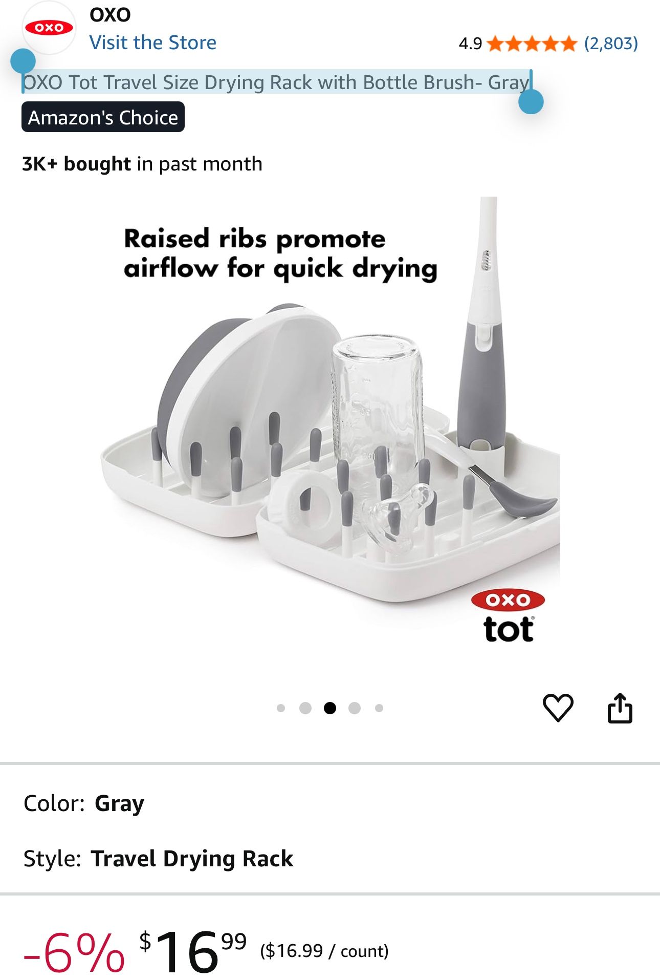 OXO Tot Travel Size Drying Rack with Bottle Brush- Gray