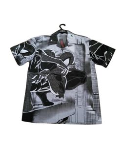 Black & gray Spider-Man graphic button-up shirt with cityscape design