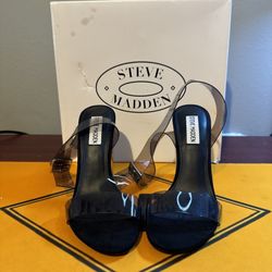 Steve Madden Clearer Smoke Sandal Women's Size 6.5 Clear Heel Strappy Shoe Black