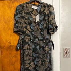 Coach Printed Long Chiffon V Neck Dress Silk Midi Short Sleeve Women’s 0 Party